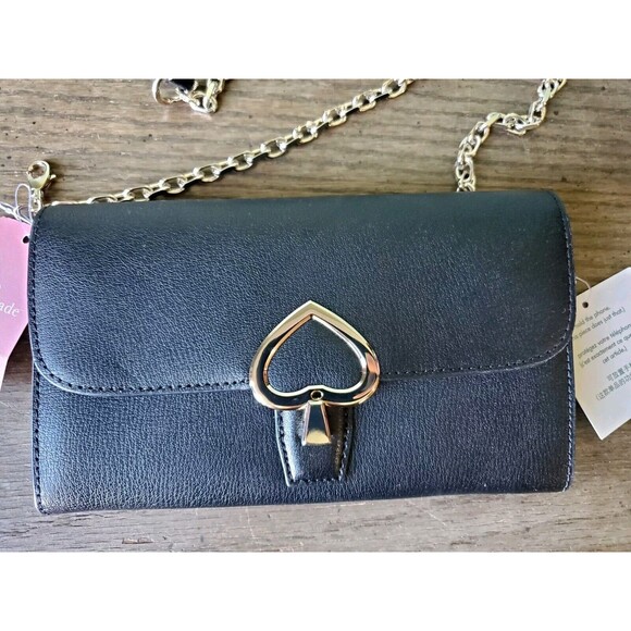Kate Spade Grain Leather Robyn Small Flap Chain Wallet Crossbody Strap Black NWT - Picture 2 of 11